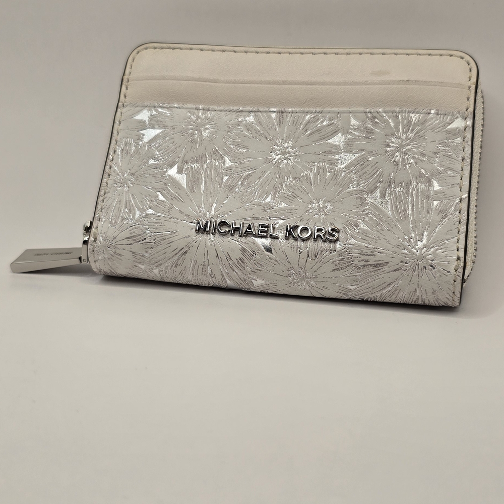 Michael Kors Silver Floral Wallet with Cream Accents